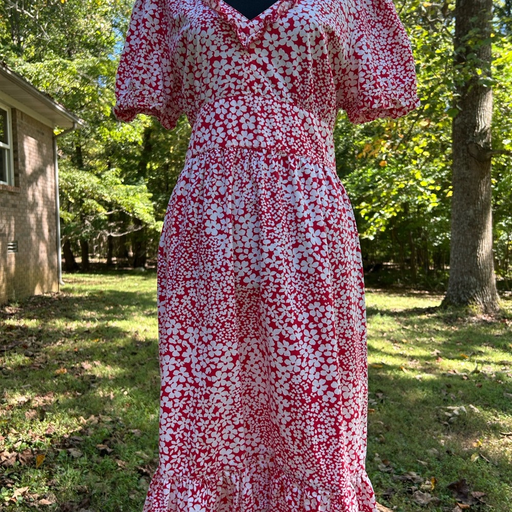 Ashley Judd Size 14 Cotton Dress Red White Flower Print - Picture 2 of 7
